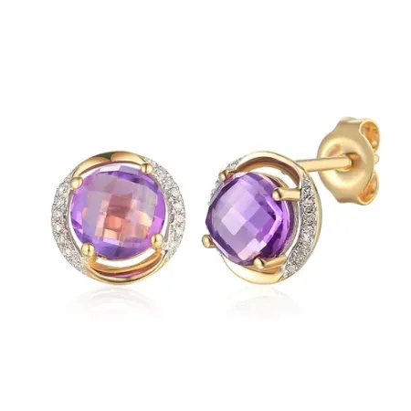 Złote Kolczyki Ametyst Diamenty Próba 585 Sztyft