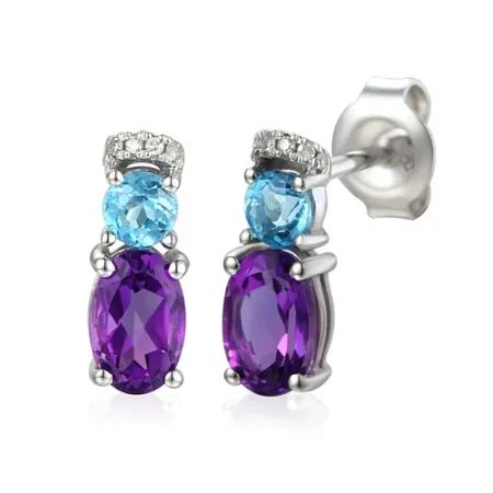 Kolczyki Białe Złoto Ametyst Topaz Diamenty Sztyft