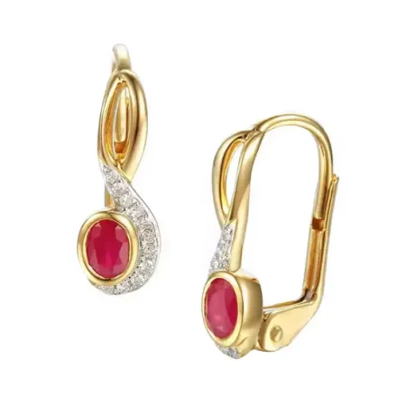 Złote Kolczyki Rubin Diamenty Patentka Próba 585