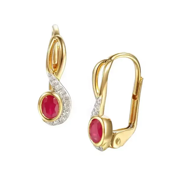 Złote Kolczyki Rubin Diamenty Patentka Próba 585