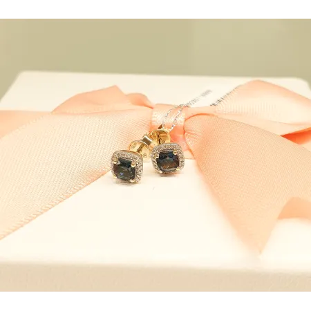 ZŁOTE 585 KOLCZYKI  LONDON BLUE TOPAZ I DIAMENTY  