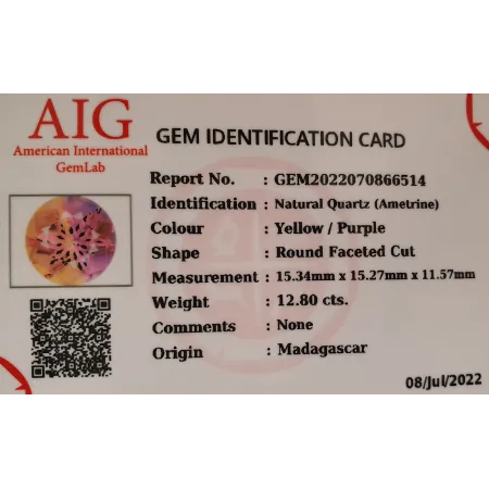 Naturalny Kwarc Ametrin 12,80ct + Certyfikat