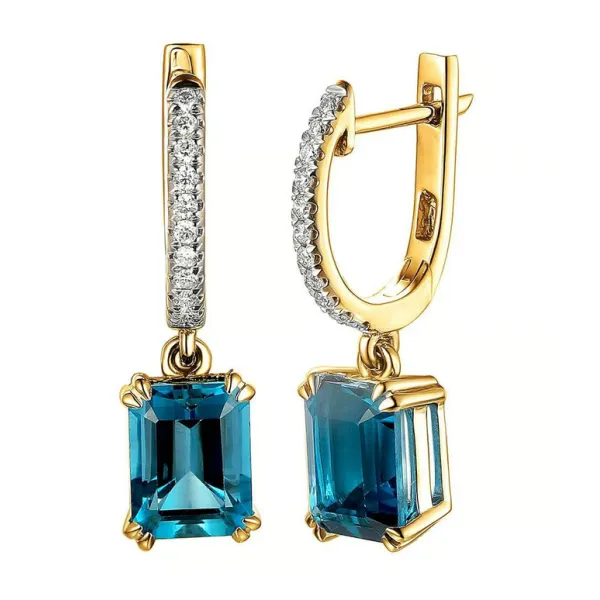 ZŁOTE KOLCZYKI LONDON BLUE TOPAZ DIAMENTY 585