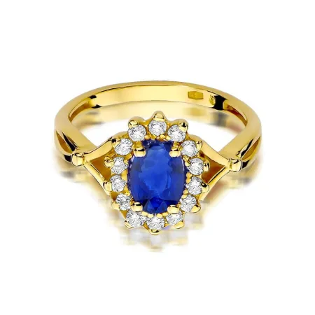 Złoty 585 Pierścionek Szafir 0,90ct Diament Grawer