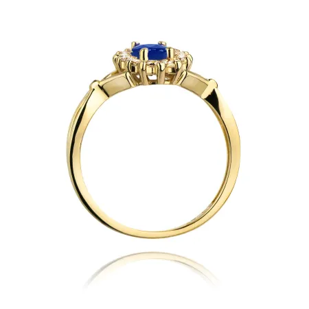 Złoty 585 Pierścionek Szafir 0,90ct Diament Grawer