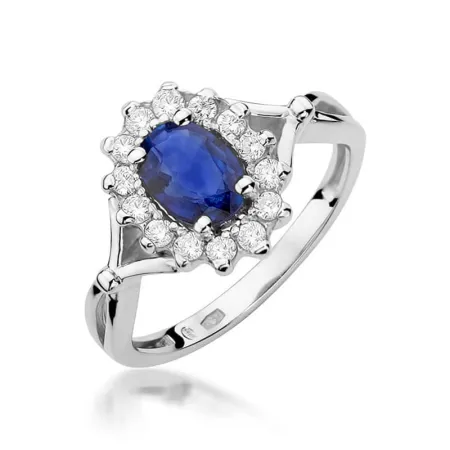 Złoty 585 Pierścionek Szafir 0,90ct Diament Grawer