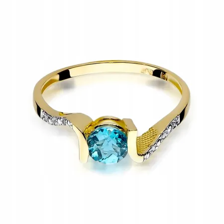 Złoty 585 Pierścionek Zaręczynowy Topaz Diamenty