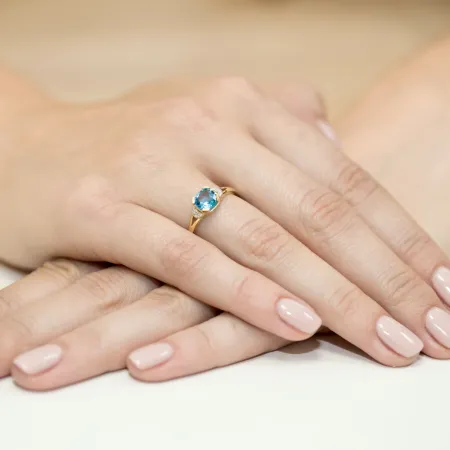 Złoty Zaręczynowy 585 Pierścionek Topaz i Brylanty