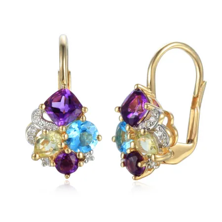 Złote 585 Kolczyki Ametyst Topaz Brylanty