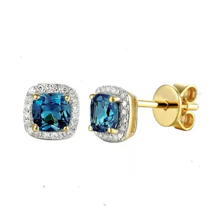 ZŁOTE 585 KOLCZYKI  LONDON BLUE TOPAZ I DIAMENTY  