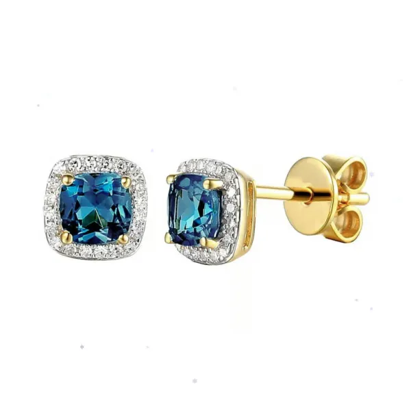 ZŁOTE 585 KOLCZYKI  LONDON BLUE TOPAZ I DIAMENTY  